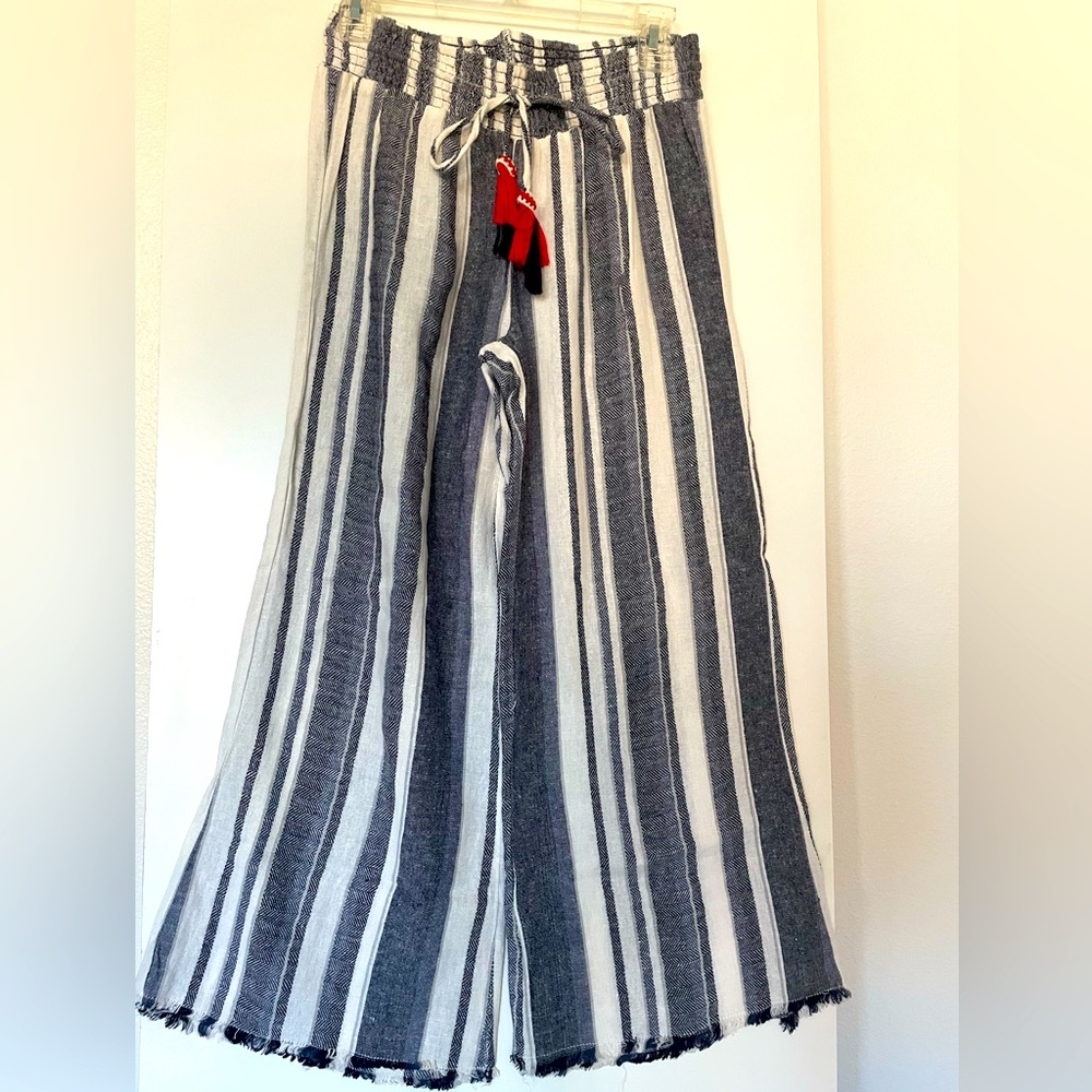 Indigo Rein Linen Blend Elastic High Rise Wide Leg Pants Stripe Frayed Hem